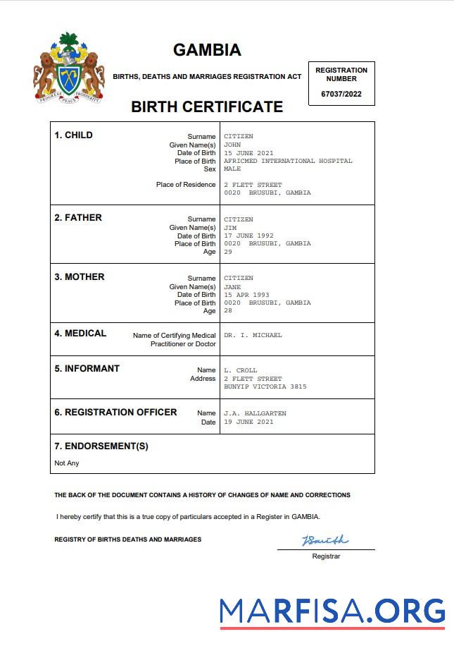 Blank Gambia birth certificate Word and PDF template